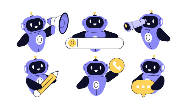 Ai robot, bot assistant showing various artificial intelligence business services. Vector illustration.