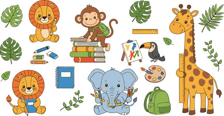 Cute jungle animals learning and studying lion monkey elephant giraffe school supplies cartoon vector illustration education set © Sumon Creative