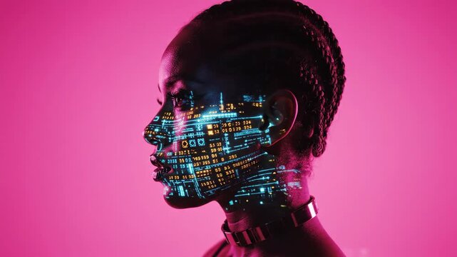 African American woman in profile with evolving neon data grid overlay on face. Cyber fusion portrait sequence showing digital integration from subtle to intense glow. Futuristic technology and human