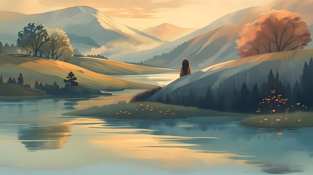 A woman appreciating the beauty of nature, absorbing the soft sunlight reflecting on the water, radiating a calm and relaxed energy, feeling peaceful and serene amidst the landscape of mountains 