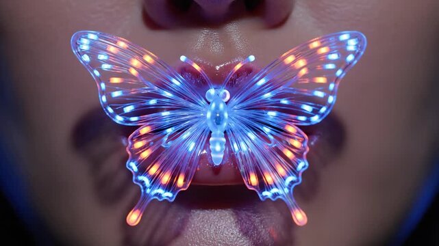 Woman with neon glowing butterfly on lips in macro closeup. Digital beauty animation sequence showing butterfly effect emergence. Futuristic cosmetic and insect fusion concept.