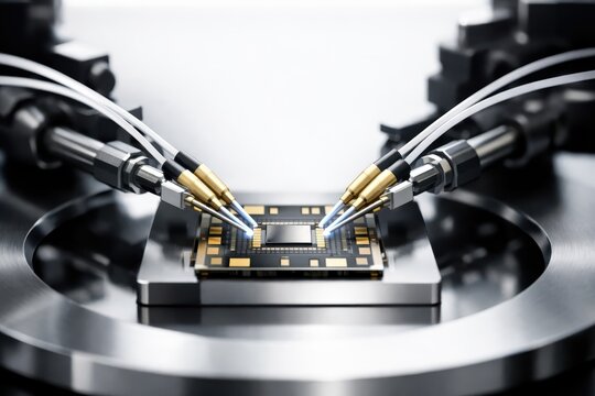 Precision probes testing a semiconductor chip on advanced laboratory equipment for microelectronics development