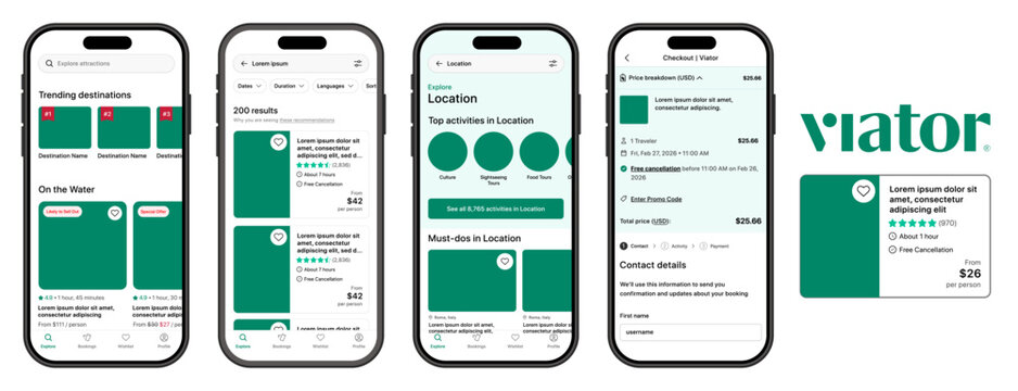 Viator Travel Booking Mobile App Interface Showing Trending Destinations Tour Listings Location Activities Checkout Summary and Reservation Details on Smartphone Screens