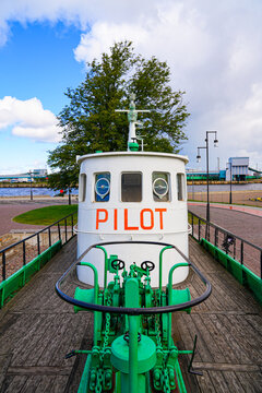 Retired pilot boat "Rota" displayed on the Ostas Street Promenade in Ventspils, Latvia - Maritime exhibit on the shores of the Venta River near the Baltic Sea