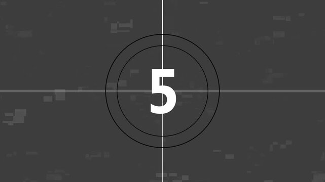 Digital countdown timer with 10 seconds realistic vintage old movie countdown animation. on a grey pixelated background with concentric circles and crosshairs