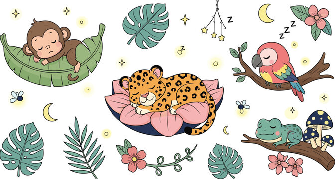 Cute jungle animals sleeping monkey leopard parrot frog with tropical leaves flowers moon stars cartoon vector illustration set