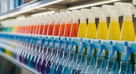 Obraz premium Colorful Cleaning Sprays Lined Up on Retail Shelf