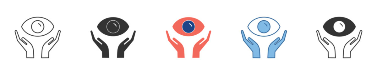 Obraz premium Collection of eye care and vision protection icons, featuring hands gently cradling an eye, symbolizing optical health, medical support, and visual well-being in diverse graphic styles