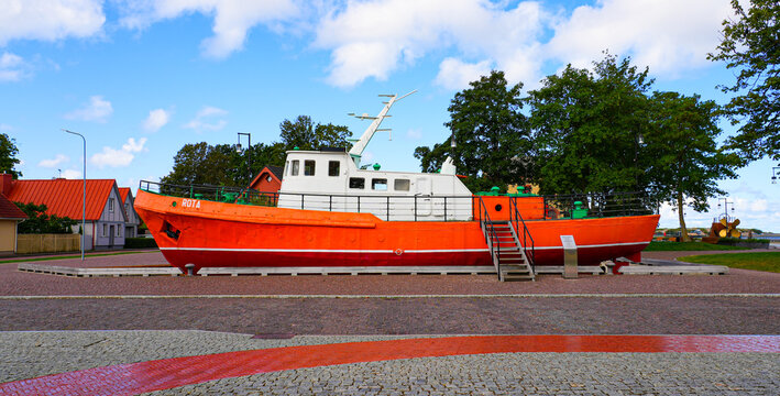 Retired pilot boat "Rota" displayed on the Ostas Street Promenade in Ventspils, Latvia - Maritime exhibit on the shores of the Venta River near the Baltic Sea