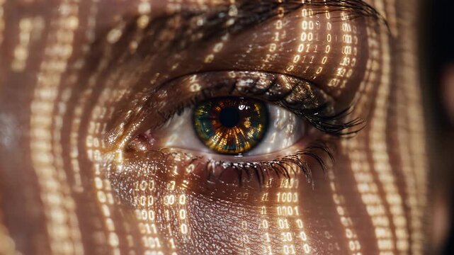 Womans eye close-up with digital matrix overlay. Green code streams across iris in sequence. Cyber vision fusion of human gaze and binary data for technology concept and digital identity
