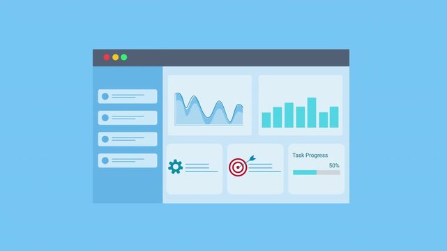 Animated data analytics dashboard interface with charts, graphs, target indicator, and settings icon. Flat vector motion design representing goal tracking and digital business analytics panel.