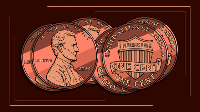 Numismatic cartoon illustration of a stack of stylized 2024 Lincoln Cent coins on a dark brown background. National One Cent Day, April 1st