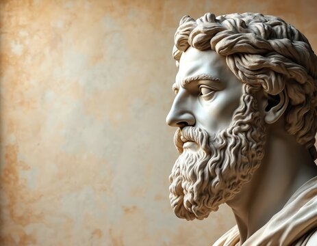 White marble statue bust of bearded ancient Greek man in profile. Sculpture has detailed hair, beard, and draped clothing. Background is textured parchment or wall.
