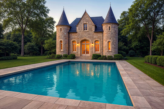 Stone manor with twin turrets and a turquoise swimming pool framed by manicured grounds at dusk in a serene estate setting.