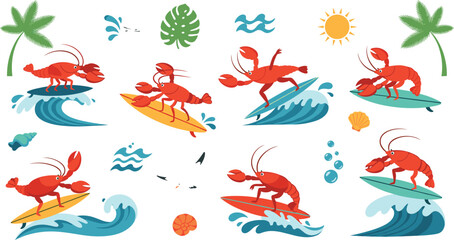 Funny lobster surfing ocean waves cartoon set marine crab character summer beach tropical elements vector illustration collection © MdNipon