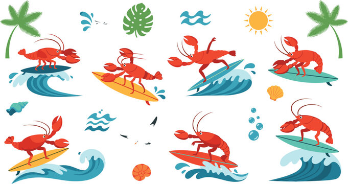 Funny lobster surfing ocean waves cartoon set marine crab character summer beach tropical elements vector illustration collection