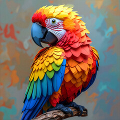 Obraz premium A hyperrealistic papercraft model of a Scarlet Macaw. The vibrant, colorful parrot with red, yellow, and blue feathers is perched on a branch against a soft, abstract background. Art and craft concept
