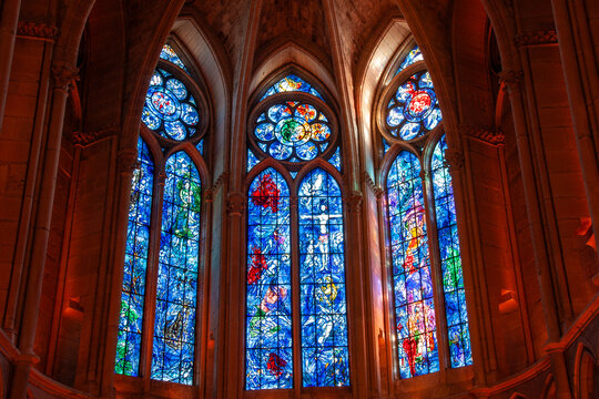 Beautiful stained glass windows in the altar of the famous catholic Reims Cathedral, UNESCO world heritage site, in Reims, France