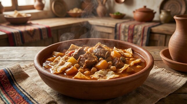 Traditional Tharid Lamb Stew in Clay Pot Bowl on Wooden Table with Napkin - Rustic Middle Eastern Soup with Meat and Bread - Authentic Arabic Cooking