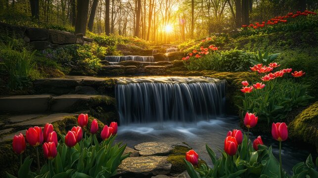Sunset Waterfall Tulips Garden Spring