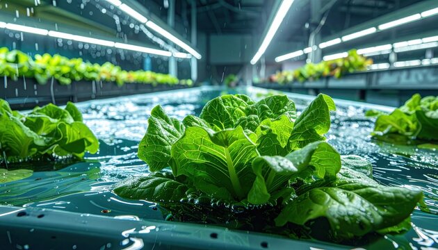 Vibrant leafy greens growing in a modern aquaponic system under artificial lights, showcasing sustainable food production.