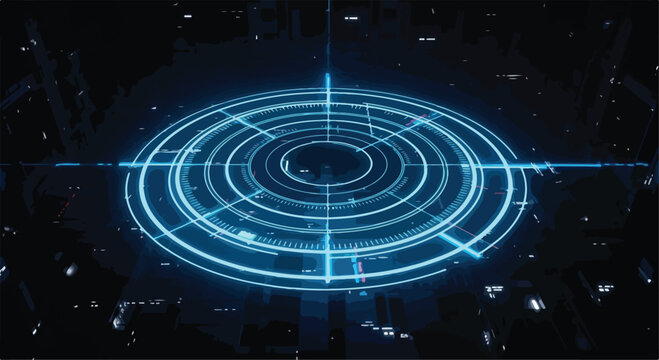 Abstract blue glowing concentric circles with crosshairs on a dark digital circuit board background, representing target, data, technology, and futuristic concepts for web banners, presentations
