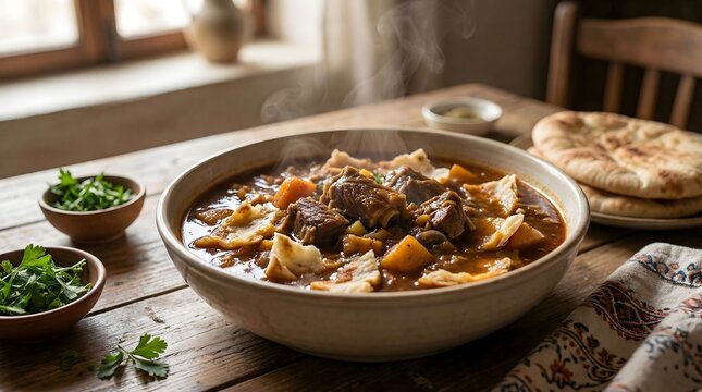 Delicious Tharid Stew with Lamb and Flatbread Served in Ceramic Bowl on Rustic Wooden Table - Healthy Middle Eastern Meal with Fresh Herbs