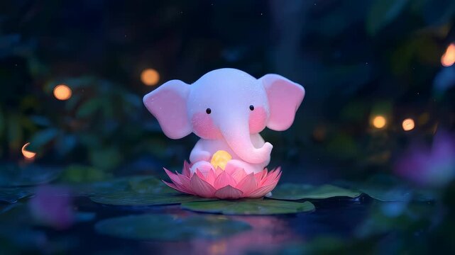 Little Ganesha sitting on a pink lotus flower on water. Hindu deity character in a night pond with glowing lights. Indian spiritual mythology art for festival.