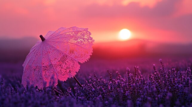 Lace parasol in lavender field at sunset (1)