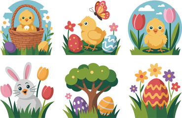 Naklejka premium Easter Bunny Chick Egg Spring Flower Butterfly Nest Grass Holiday