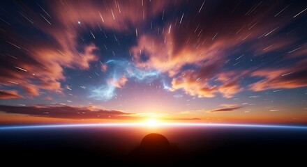 Obraz premium Vibrant Sunrise with Clouds and Stars.