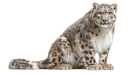 Fototapeta premium Snow leopard sitting, isolated on a white background