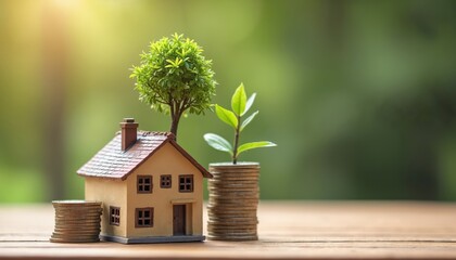Naklejka premium Miniature house model grows on stacked coins symbolizing financial growth and real estate investment. A small tree and plant sprout from money signifying prosperity and property wealth.