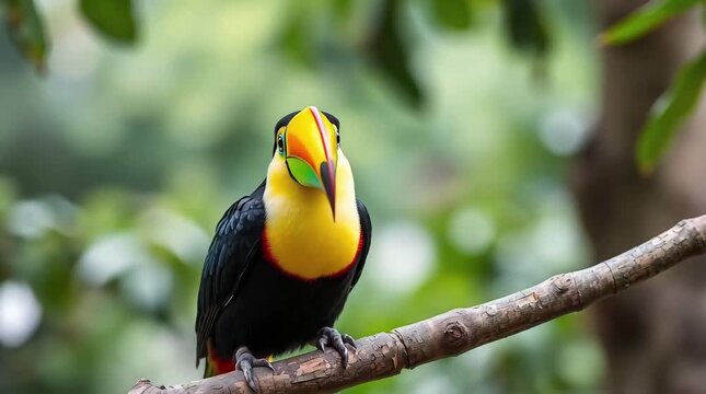 Vibrant toucan with bright beak on tree branch