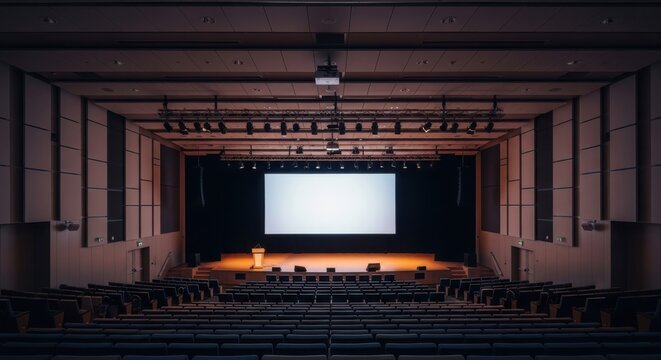 Empty Theater Stage with Screen and Seats.