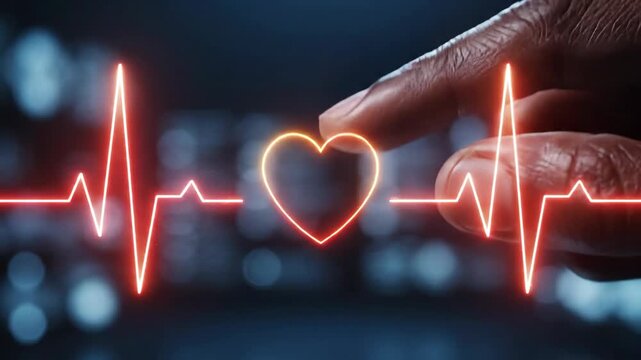 Dark-skinned mans index finger interacts with glowing red heartbeat lines on digital interface. Sequence from activation to touch creating ripple effects and forming heart shape. Virtual health
