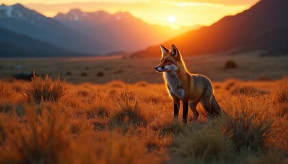 Fototapeta premium Red fox stands alert in dry grass meadow during golden sunset hour. Mountains form dark silhouettes against warm sky as sun sets. Wildlife animal watches, waits, rests in natural habitat, peaceful