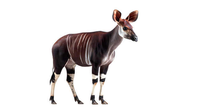 Okapi standing, isolated on a white background