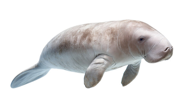 Dugong swimming calmly, isolated on a white background