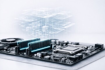 High performance computer motherboard with processor and memory modules visualizing digital architecture and advanced computing technology