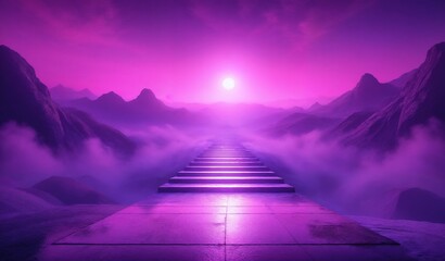 Mystical stone staircase to the sun, in purple and pink neon colors, representing a spiritual journey against a mountain and cloud background