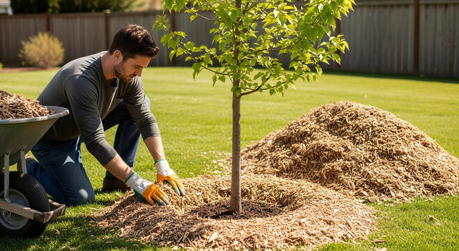 Man with focused expression mulching around young tree in sunny garden