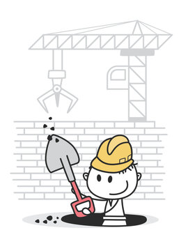 Cartoon Construction Worker Digging Hole with Shovel - Building Site Stickman Character Vector