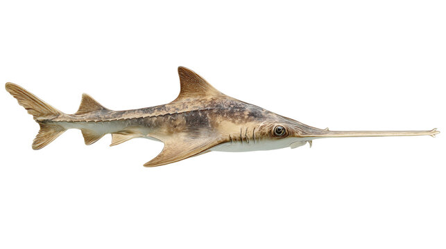 Smalltooth sawfish swimming, isolated on a white background