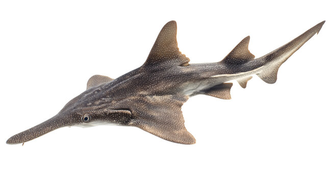 Smalltooth sawfish swimming, isolated on a white background