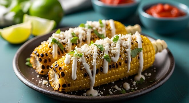 Authentic Mexican Street Corn Elotes with Grilled Corn on the Cob Topped with Creamy Sauce, Crumbled Cotija Cheese, and Fresh Cilantro Served on a Plate with Limes and Salsa in a Teal Background.