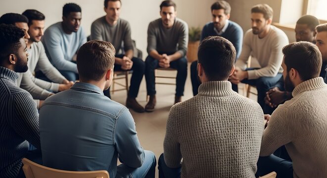 Group of Diverse Men Sitting in Circle for Support Group Meeting