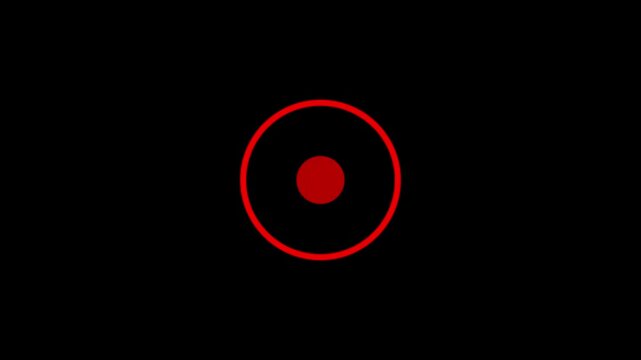 A bright cyan concentric circle with a solid cyan dot in the center against a deep black background symbolizing a target or a focal point in technology or innovation