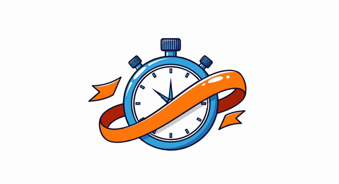 A blue stopwatch with an orange ribbon wrapped around it, presented on a white background