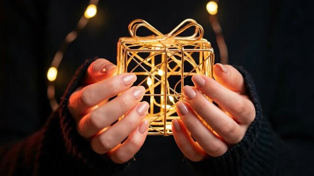 Womans hands holding golden wireframe gift box with fairy lights. Festive holiday presentation glowing warmly. Celebration gifting concept for joyful moments.